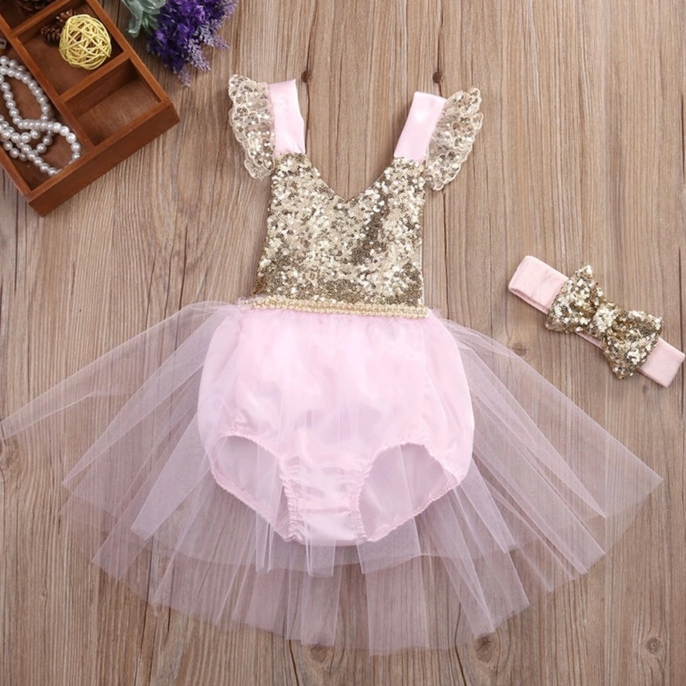 Beautiful baby romper dress with headband